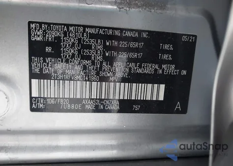 2021 Toyota Rav4 Le z USA, uszkodzony, nr VIN 2T3H1RFV8MC141960